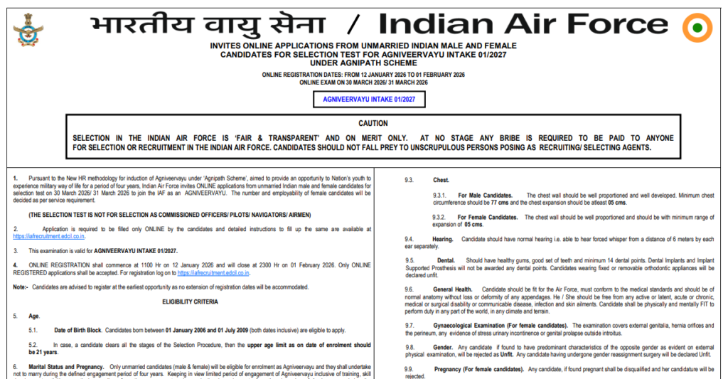 Indian Air Force Agniveervayu Sena Eligibility Criteria 2027