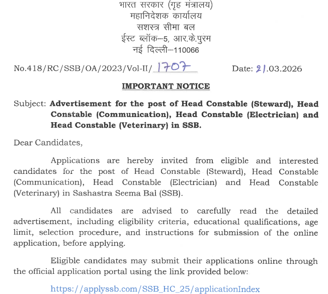 SSB Non-GD Recruitment 2026 - Vacancy Details