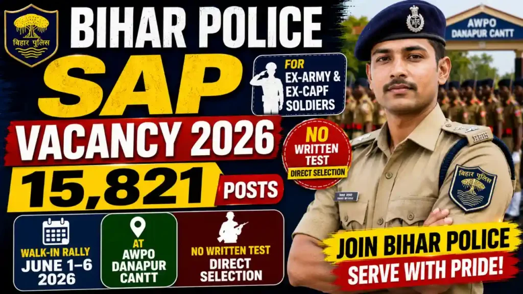 Bihar Police SAP Vacancy 2026 – 15,821 Posts for Ex-Army & CAPF | Walk-in Rally June 1–6