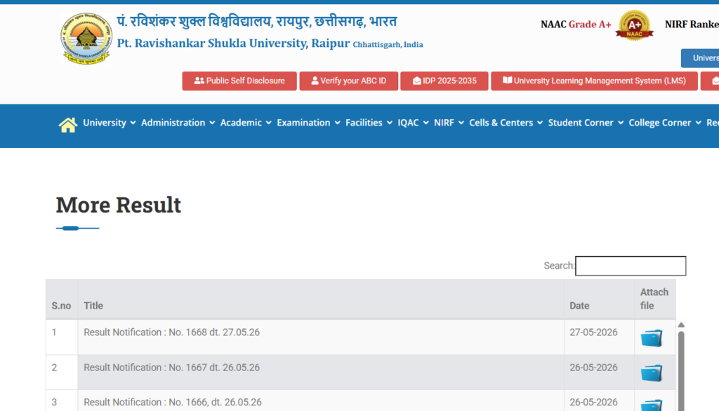 Pt Ravishankar Shukla University Result 2026
