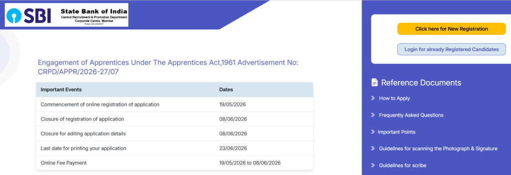 "Apply Online" and start a registration for SBI Apprentice Vacancy 2026
