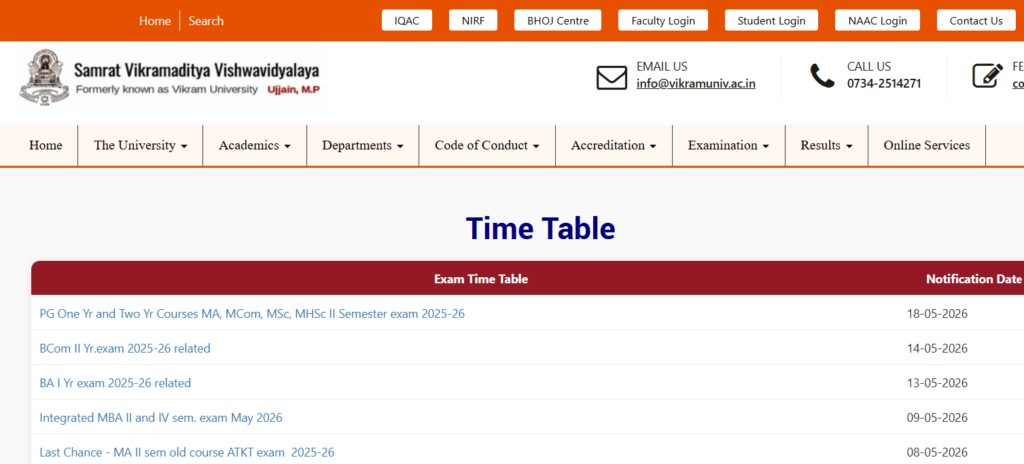 How to Download Vikram University Time Table 2026 PDF