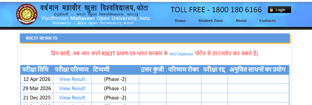 VMOU RSCIT Result 2026 – Separate Portal