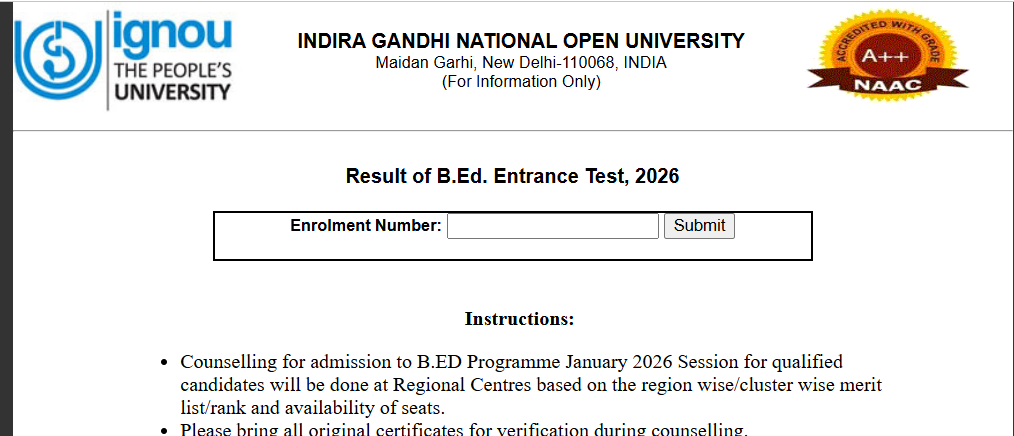 How to Check IGNOU B.Ed Entrance Exam Result 2026