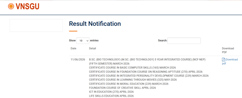 How to Check VNSGU Result 2026 with Seat Number / Roll Number at vnsgu.ac.in