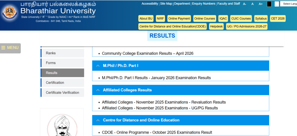 How to Check Bharathiar University Result 2026 at b-u.ac.in
