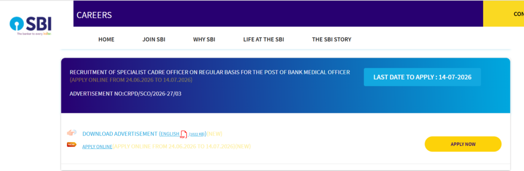 How to Apply for SBI Bank Medical Officer Vacancy 2026 Online